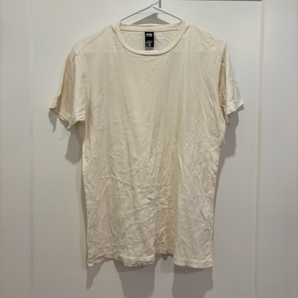 Alternative Vintage Soft Cream Distressed Raw Hem Cotton T-Shirt Mens Medium